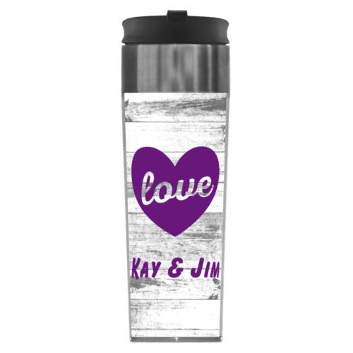 Personalized steel mug personalized with white rustic pattern and the sayings "love" and "Kay & Jim"