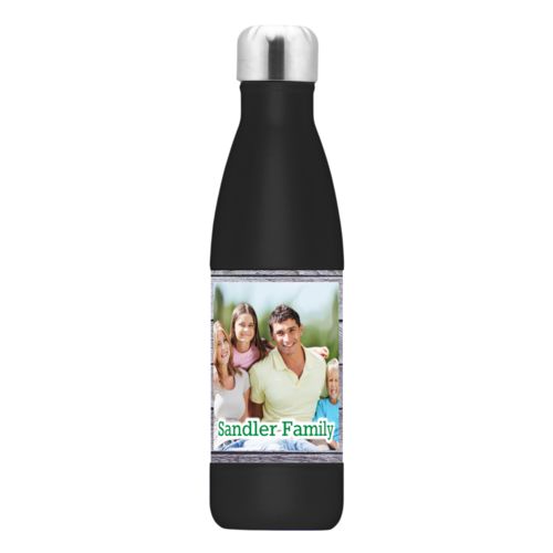 Custom insulated water bottle personalized with grey wood pattern and photo and the saying "Sandler Family"