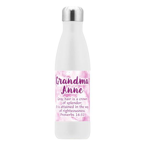 Personalized stainless steel water bottle personalized with pink marble pattern and the saying "Grandma Anne Gray hair is a crown of splendor; It is attained in the way of righteousness. Proverbs 16:31"