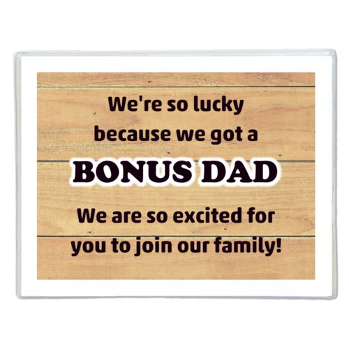 Personalized note cards personalized with natural wood pattern and the sayings "We're so lucky because we got a We are so excited for you to join our family!" and "BONUS DAD"
