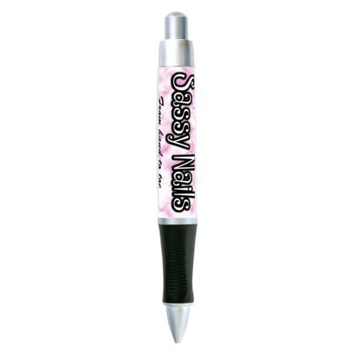 Personalized pen personalized with pink marble pattern and the sayings "Sassy Nails" and "From hand to toe"
