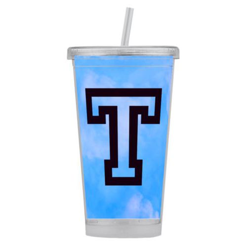 Personalized tumbler personalized with light blue cloud pattern and the saying "T"
