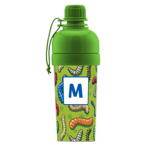 Kids water bottle personalized with worms pattern and initial in cosmic blue