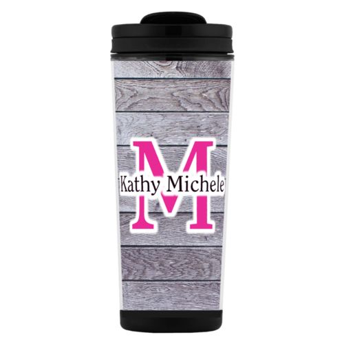 Custom tall coffee mug personalized with grey wood pattern and the sayings "M" and "Kathy Michele"