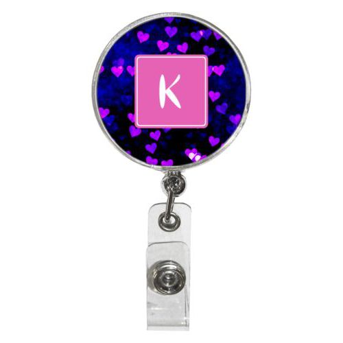 Personalized badge reel personalized with dream hearts pattern and initial in pink