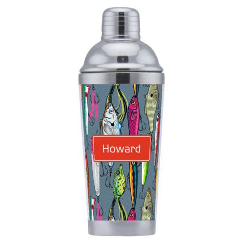 Coctail shaker personalized with fishing lures pattern and name in strong red