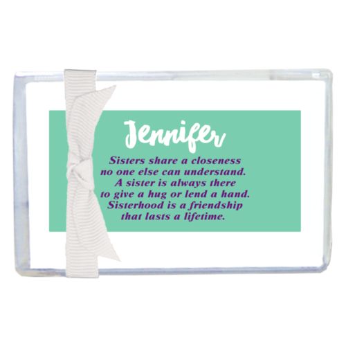 Personalized enclosure cards personalized with the sayings "Sisters share a closeness no one else can understand. A sister is always there to give a hug or lend a hand. Sisterhood is a friendship that lasts a lifetime." and "Jennifer"