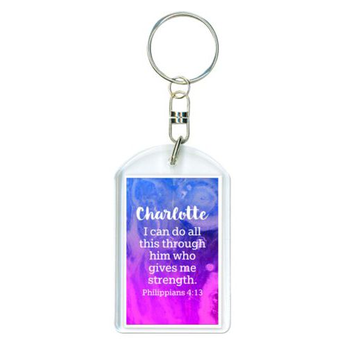 Personalized keychain personalized with ombre amethyst pattern and the saying "Charlotte I can do all this through him who gives me strength. Philippians 4:13"