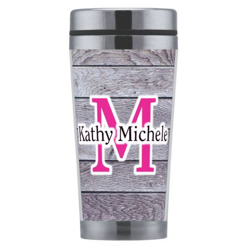 Personalized coffee mug personalized with grey wood pattern and the sayings "M" and "Kathy Michele"