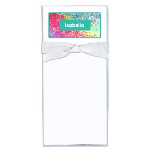 Personalized note sheets personalized with glitter pattern and name in minty