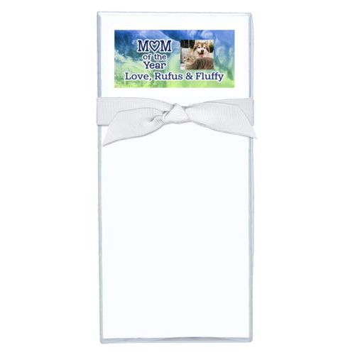 Personalized note sheets personalized with ombre quartz pattern and photo and the sayings "Mom of the Year" and "Love, Rufus & Fluffy"