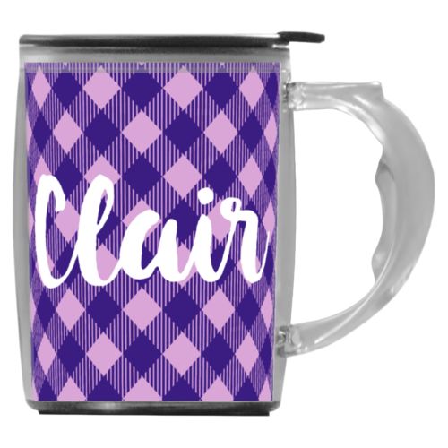 Custom mug with handle personalized with check pattern and the saying "Clair"