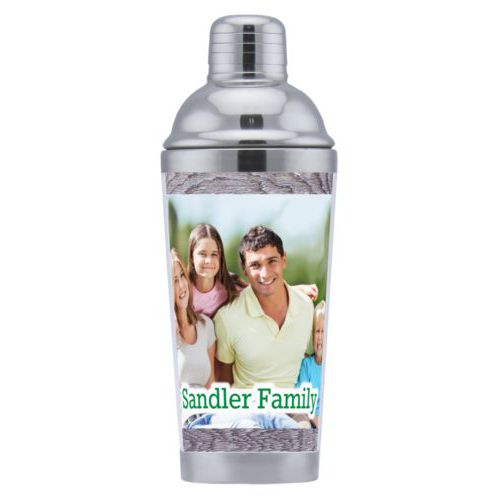 Coctail shaker personalized with grey wood pattern and photo and the saying "Sandler Family"