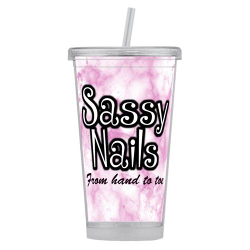 Personalized tumbler personalized with pink marble pattern and the sayings "Sassy Nails" and "From hand to toe"