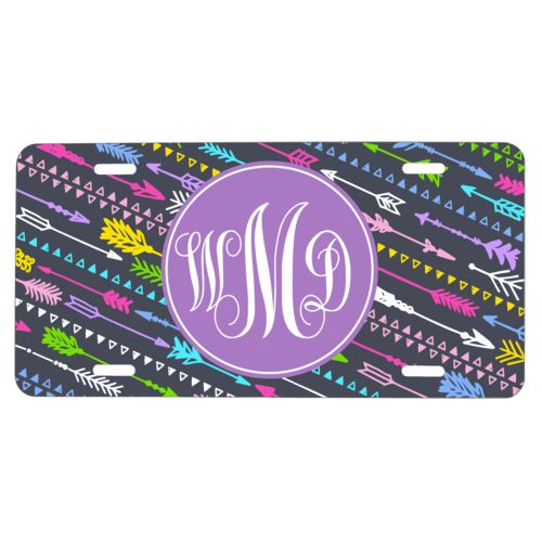 Custom plate personalized with arrows pattern and monogram in purple powder