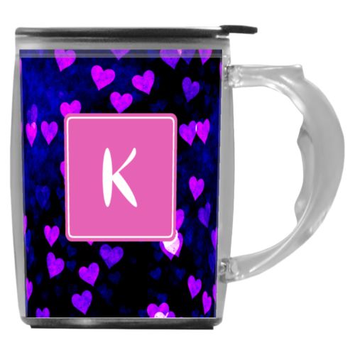 Custom mug with handle personalized with dream hearts pattern and initial in pink