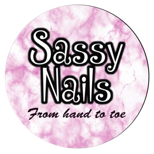 Personalized coaster personalized with pink marble pattern and the sayings "Sassy Nails" and "From hand to toe"