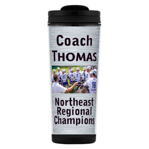 Custom tall coffee mug personalized with steel industrial pattern and photo and the sayings "Coach Thomas" and "Northeast Regional Champions"