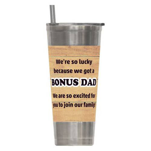 Personalized insulated steel tumbler personalized with natural wood pattern and the sayings "We're so lucky because we got a We are so excited for you to join our family!" and "BONUS DAD"