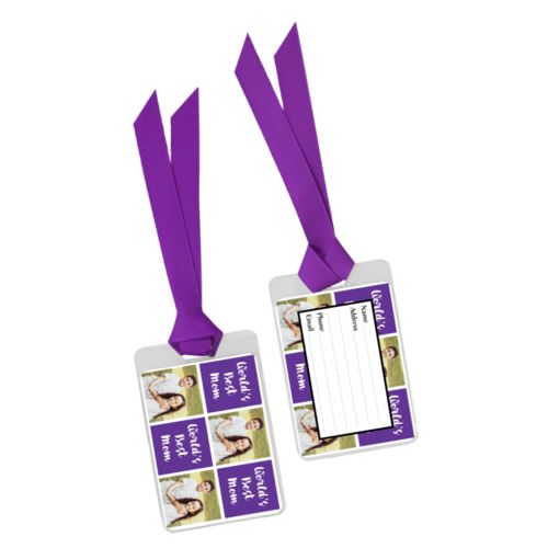 Personalized bag tag personalized with a photo and the saying "Jamie World's Best Mom" in purple and white