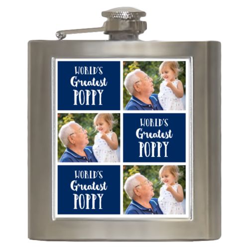 Personalized 6oz flask personalized with a photo and the saying "World's Greatest Poppy" in navy blue and white