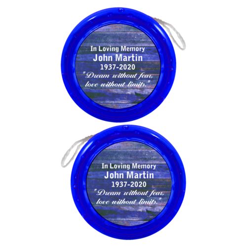 Personalized yoyo personalized with royal rustic pattern and the saying "In Loving Memory John Martin 1937-2020 "Dream without fear, love without limits.""