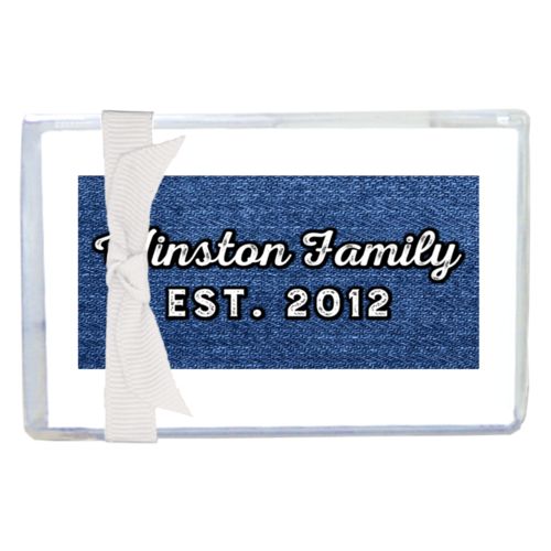 Personalized enclosure cards personalized with denim industrial pattern and the saying "Winston Family Est. 2012"