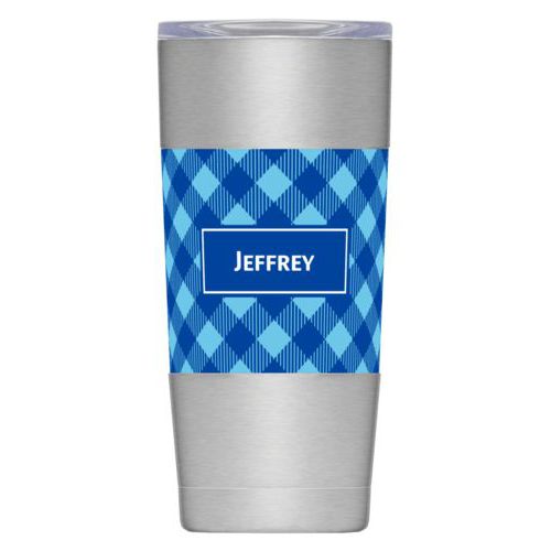Personalized insulated steel mug personalized with check pattern and name in ultramarine