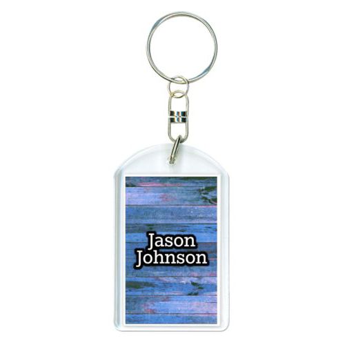 Personalized plastic keychain personalized with sky rustic pattern and the saying "Jason Johnson"