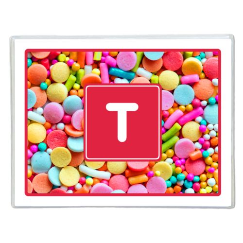 Personalized note cards personalized with sweets sweet pattern and initial in red