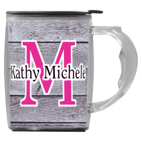 Custom mug with handle personalized with grey wood pattern and the sayings "M" and "Kathy Michele"
