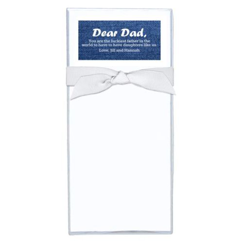 Personalized note sheets personalized with denim industrial pattern and the sayings "You are the luckiest father in the world to have to have daughters like us. Love, Jill and Hannah" and "Dear Dad,"