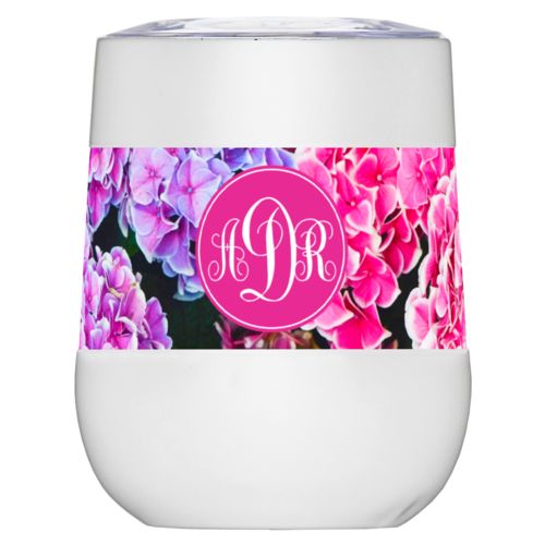 Personalized insulated wine tumbler personalized with hydrangea pattern and monogram in pink