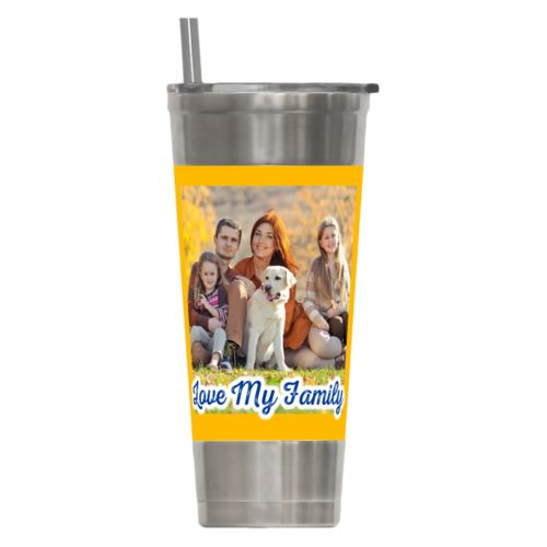 Personalized insulated steel tumbler personalized with photo and the saying "Love My Family"