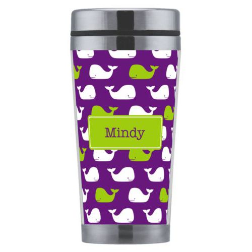 Personalized coffee mug personalized with whales pattern and name in orchid and juicy green