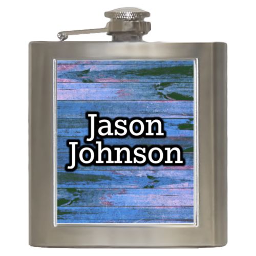 Personalized 6oz flask personalized with sky rustic pattern and the saying "Jason Johnson"