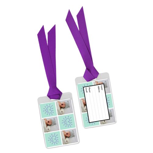 Personalized luggage tag personalized with a photo and the saying "Smiling Heart" in easter purple and mint