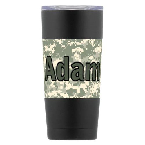 Personalized insulated steel mug personalized with army camo pattern and the saying "Adam"