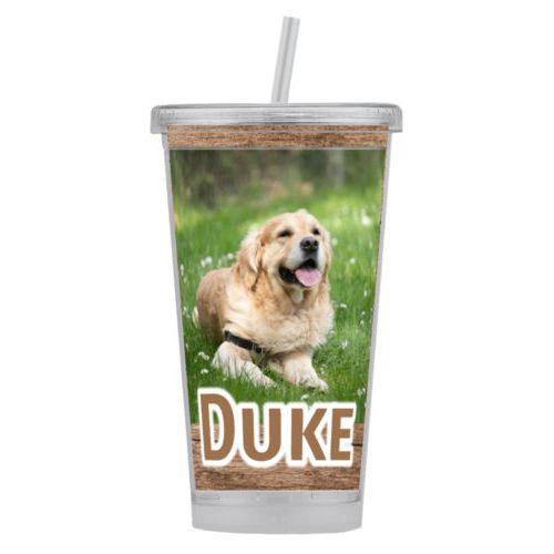 Personalized tumbler personalized with brown wood pattern and photo and the saying "Duke"