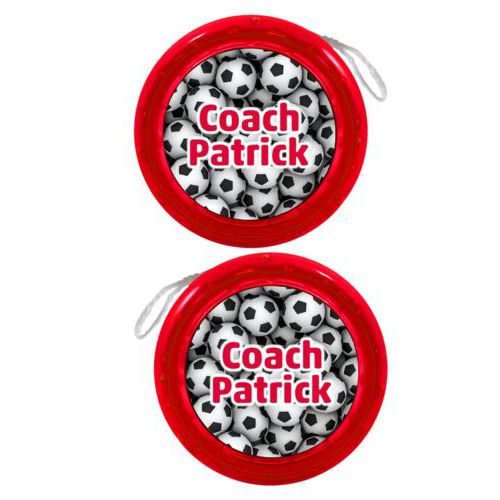 Personalized yoyo personalized with soccer balls pattern and the saying "Coach Patrick"