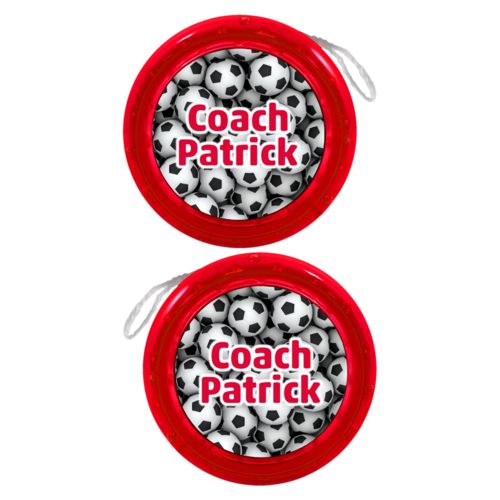 Personalized yoyo personalized with soccer balls pattern and the saying "Coach Patrick"
