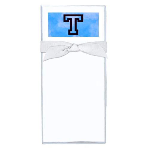Personalized note sheets personalized with light blue cloud pattern and the saying "T"