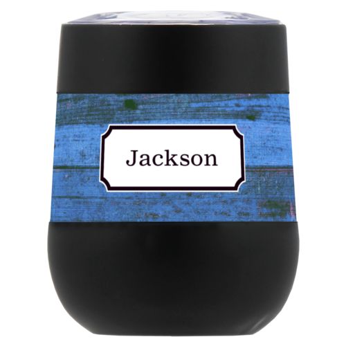 Personalized insulated wine tumbler personalized with sky rustic pattern and name in black licorice