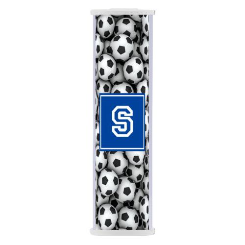 Personalized backup phone charger personalized with soccer balls pattern and initial in royal blue