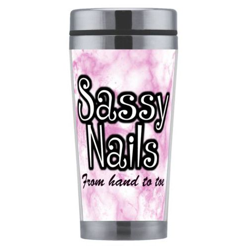 Personalized coffee mug personalized with pink marble pattern and the sayings "Sassy Nails" and "From hand to toe"
