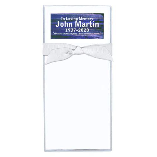 Personalized note sheets personalized with royal rustic pattern and the saying "In Loving Memory John Martin 1937-2020 "Dream without fear, love without limits.""