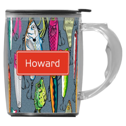 Custom mug with handle personalized with fishing lures pattern and name in strong red