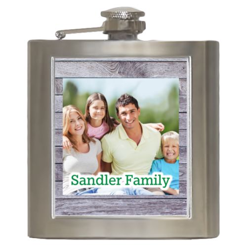 Personalized 6oz flask personalized with grey wood pattern and photo and the saying "Sandler Family"