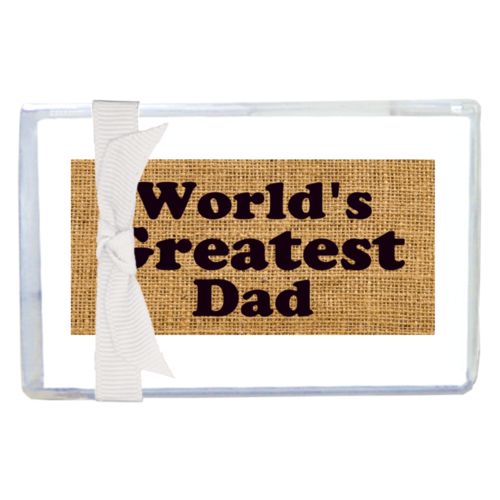 Personalized enclosure cards personalized with burlap industrial pattern and the saying "World's Greatest Dad"
