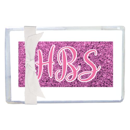 Personalized enclosure cards personalized with light pink glitter pattern and the saying "HBS"